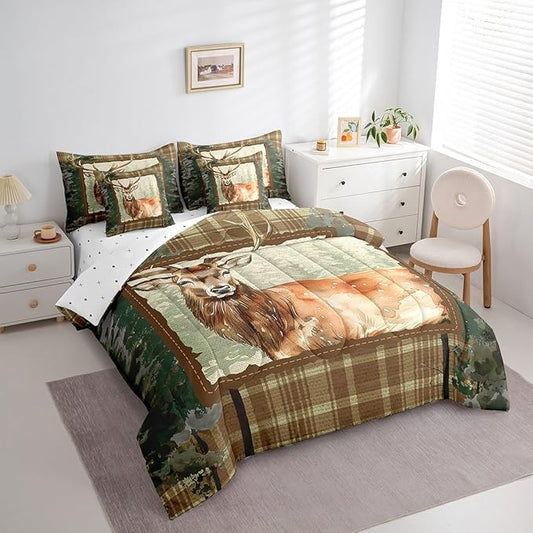 Elk Deer Bed in a Bag Queen Comforter Set 7 Piece,Woodland Animals Bedding Sets Camouflage Sheet Set with Comforter