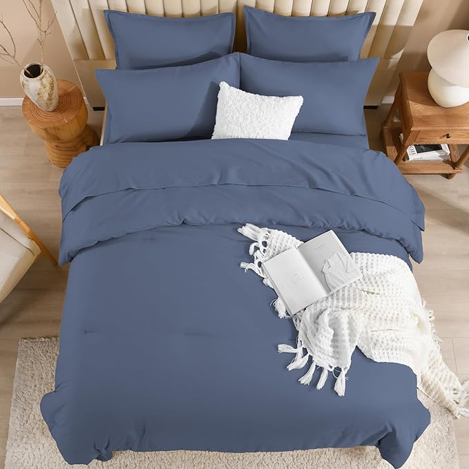 Litanika Full Size Comforter Sets Bluish Grey - 7 Pieces Bed in a Bag Full Bedding Comforter Sets, Solid Lightweight Bed Set with Comforter, Sheets, Pillowcases & Shams