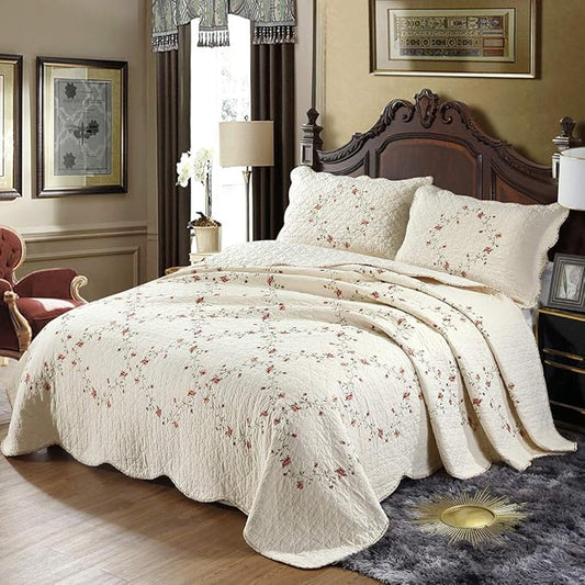 vctops 3-Piece Floral Embroidered Bedspread Coverlet Set Twin Size 100% Cotton Reversible Patchwork 1 Quilt and 2 Pillow Shams (Flower,Twin)