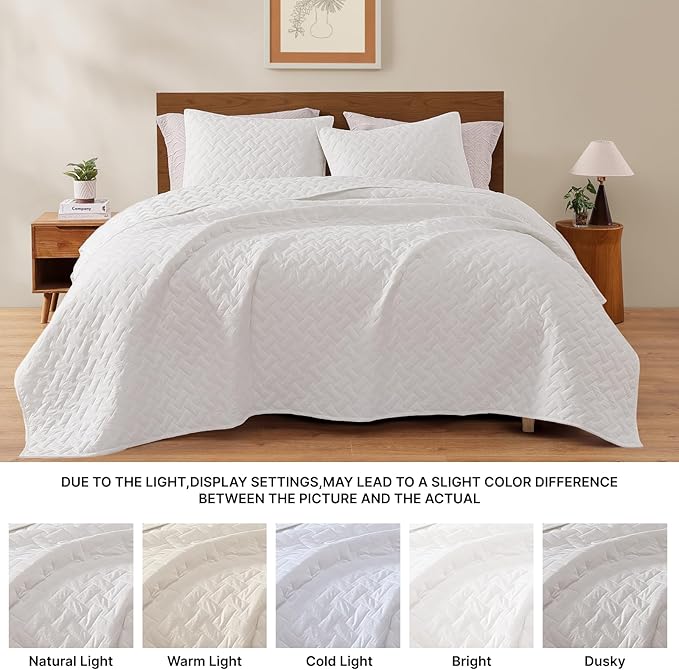 WRENSONGE King Size Quilt-3 Pieces Weave White Bedspreads King Quilt Bedding Set for All Seasons, Soft Summer Coverlet with 2 Pillow Shams Suitable for Bed, Couch, Quilted Blanket