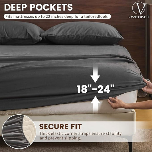 100% Linen Sheet Set Cal King Size Extra Deep Pocket Fits 18-24 Inch Mattress, Breathable & Soft, Smooth 6-Piece Set for Thick Mattresses Hotel Luxury Bedding(Cal King, Dark Grey)
