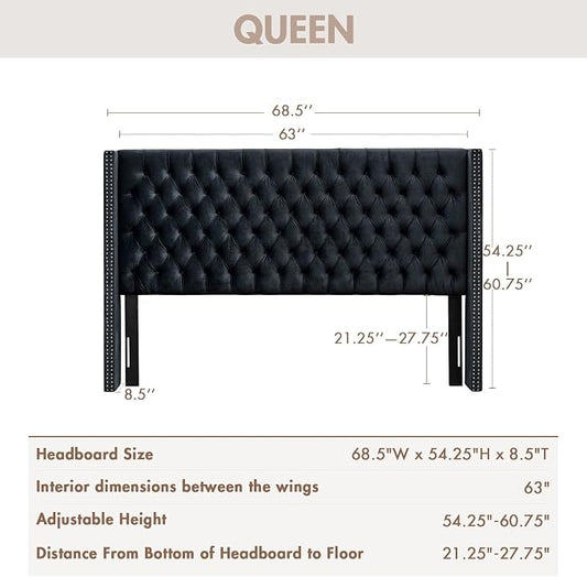 Madison Park Queen Wingback Upholstered Tufted Headboard, Featuring High-Density Sponge Padding, Adjustable Height Headboard, Easy Assembly, Black Velvet