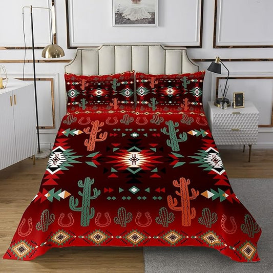 Manfei Geometric Aztec Bedspread Twin Size,Western Cowboy Cactus Horseshoe Rustic Coverlet Set,Boys Girls Room Decor,Southwest Tribal Cabin Quilted Coverlet,Farmhouse Retro Bedding Quilt,1 Pillowcase