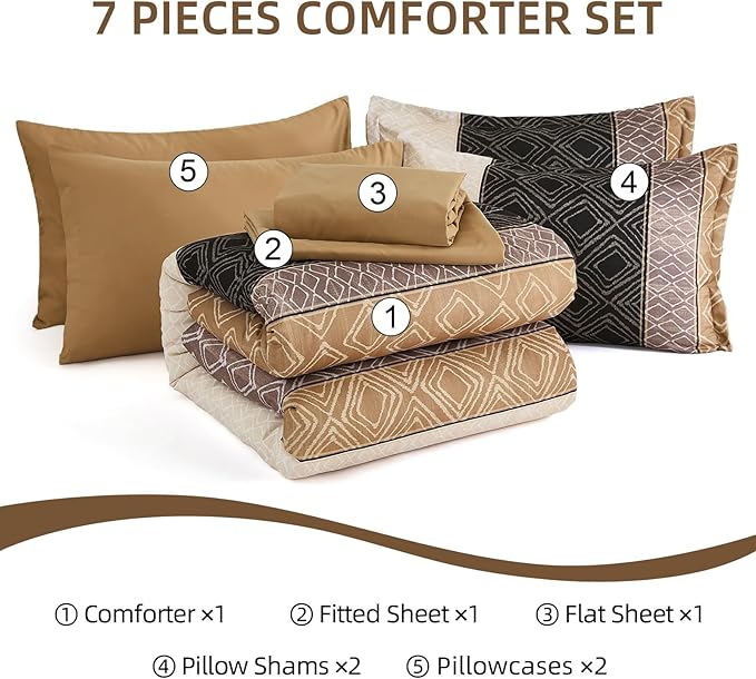 Dinjoy Full Size Comforter Sets Boho,Brown Striped Fall Bedding Set Soft 7 Piece Bed in a Bag Fall Comforters with Sheet Set,Microfiber Complete Sets with Plaid Bohemian for All Season