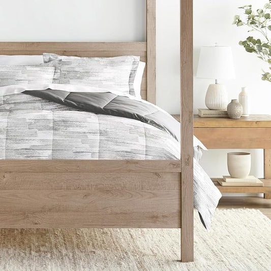 LINENS & HUTCH Comforter Set Patterned Microfiber All Season Down-Alternative Ultra Soft Bedding in Textured Stripe - King/Cal-King Textured Stripe Gray