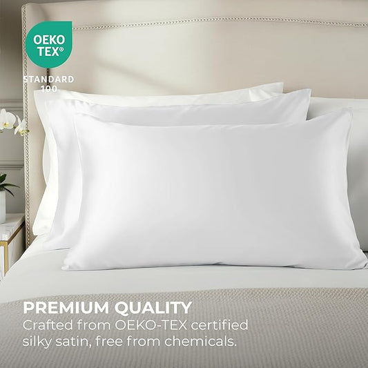Pure Bedding Satin Pillowcase 2 Pack - King Size (20"x40", White) - Silky Pillow Cases for Hair and Skin - Satin Pillow Covers with Envelope Closure - Extra Soft Premium Microfiber
