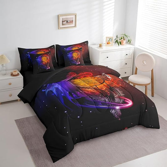 Erosebridal Gothic Dragon Dream Catchers Bed in a Bag King Size Comforter Set 7 Pieces,Red Blue Galaxy Bohemian Feather Bedding Sets Antique Animal Pterosaur Sheet Set with Comforter