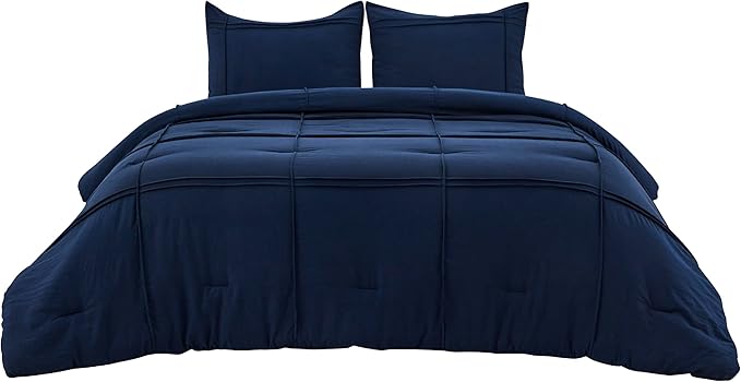 Bedsure Full Comforter Set with Sheet - 4 Pieces Soft Navy Blue Bedding, Grid Pinch Pleat, All Season Lightweight Fluffy Bed Set with Solid Boho Comforter, Pillowcases & Sheet