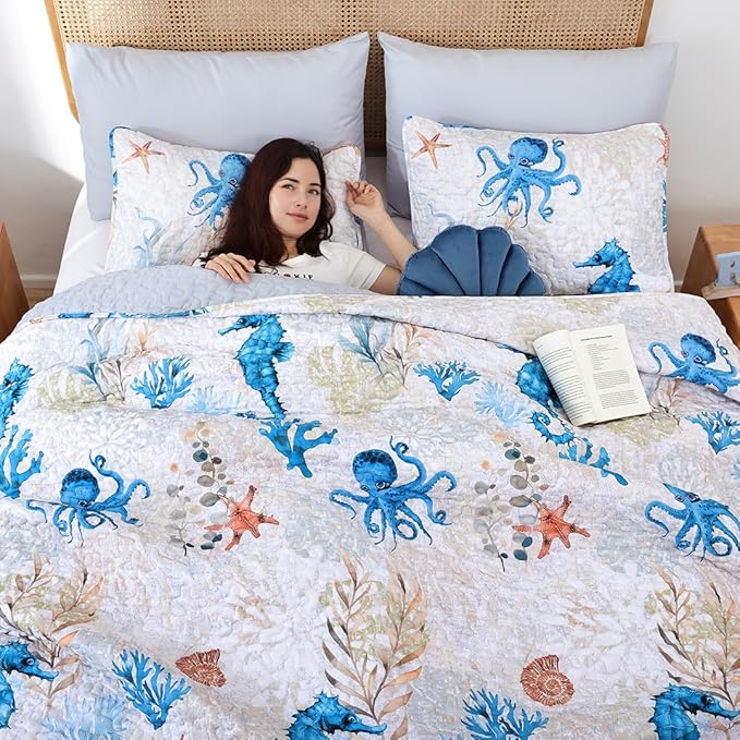 weigelia Coastal Quilts Bedding Set Twin Size - Summer Nautical Bedding Quilt with Pillow Cases, Beach Quilt Set Ocean Blue Seahorse Bedspreads Coverlet Soft Lightweight Comforter