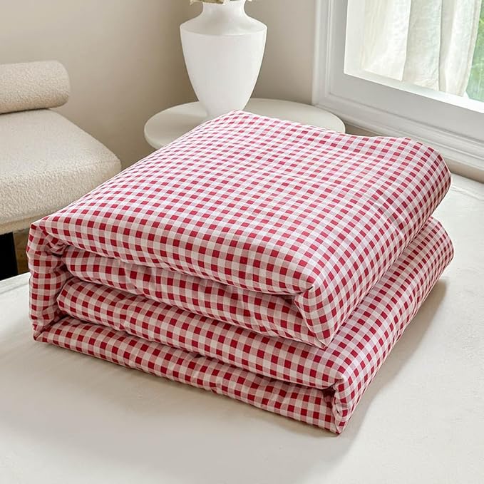 NSNLGSGC Red Gingham Cotton Comforter Set King, 100% Washed Cotton Red Plaid Checked Comforter Bedding, 3 Pieces Vintage Farmhouse Grid Bedding Set(Red Gingham, King)