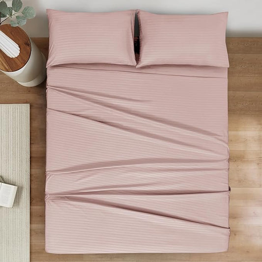 Mejoroom Striped Full Size Sheets – Extra Soft Full Size Bed Sheets - 16inches deep Pocket Full Sheet Set, Breathable, Wrinkle, Fade and Stain Resistant - 4 Piece (02-Dusty Pink)