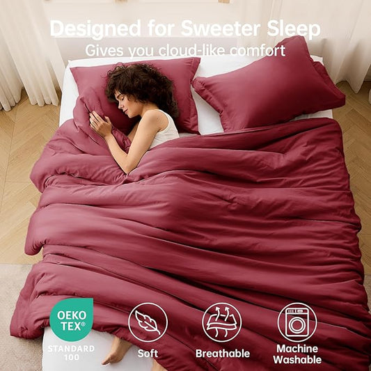 MUXHOMO Queen Comforter Set, All Season Ultra Soft Down Alternative Bedding - 3 Piece Lightweight Bed Set Includes 1 Comforter (90"x90") and 2 Pillow Shams (20"x26"), Burgundy Red