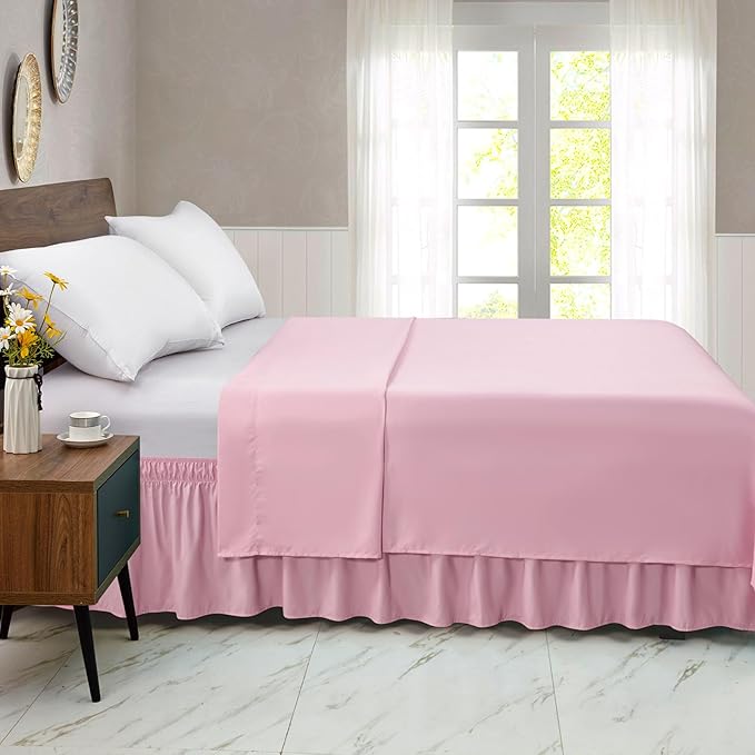 FreshCulture Elastic Wrap-Around Bed Skirt - Twin Bed, 15-Inch Drop, Dusty Pink