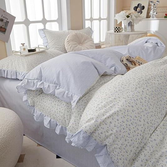 HighBuy Girl Blue Floral Comforter Set Full Ruffle Vintage Comforter with 2 Lace Pillowcases Coquette Cottagecore Bedding Set Soft Fluffy & Lightweight Comforter Set for Girls Women