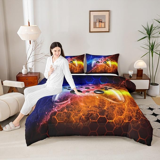 Erosebridal Boys King Size Bedding Set for Teen Boy Game Comforter,Kids Chid Honeycomb Games Bedding with Gamepad Room Decor,Gamer Gaming for Mens Lighting Viedo Game Quilt with 3 Pcs