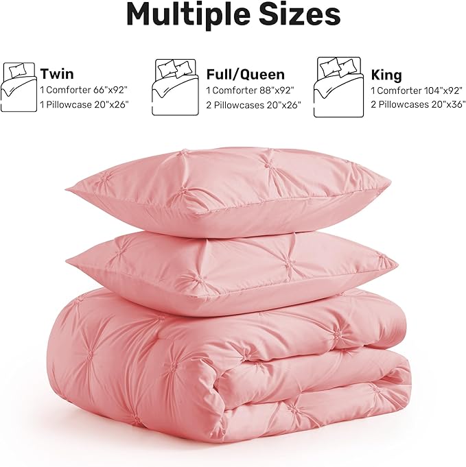 UNIKOME King Size Comforter Set Pink - Ultra Soft Boho Pintuck Down Alternative Bedding Set for All Seasons, 3 Pieces Lightweight Warm Pinch Pleat Bed Set with Comforter, 2 Pillowcases
