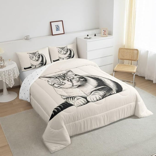 Erosebridal Kitten Bedding Set Queen Size Sketch Cat Comforter Set for Kids Boys Girls 3D Kawaii Pet Animal Cute Beige Grey Comforter Warm Soft Quilt Insert