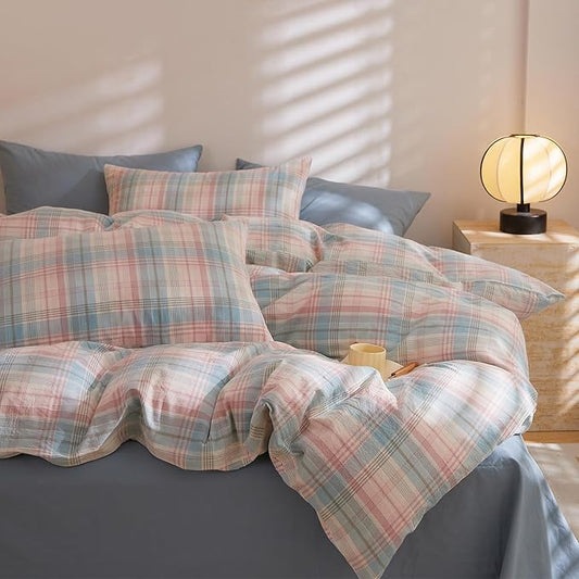 Plaid King Bedroom Comforter Set Soft Washed Cotton Bedding Set Down Alternative Fluffy Boho Machine Washable Bedding Comforter Sets Cute Aesthetic Puffy Rustic Bed Comforter with 2 Pillowcases