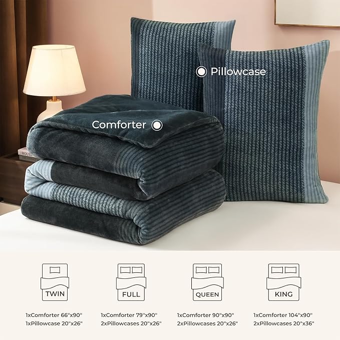 Litanika Fluffy Fleece Twin Comforter Set, Luxury Soft Plush Fuzzy Haze Blue Stripe Bedding Comforter Sets, Warm Shaggy Faux Fur Bed Set All Season (1 Comforter, 1 Pillowcase)