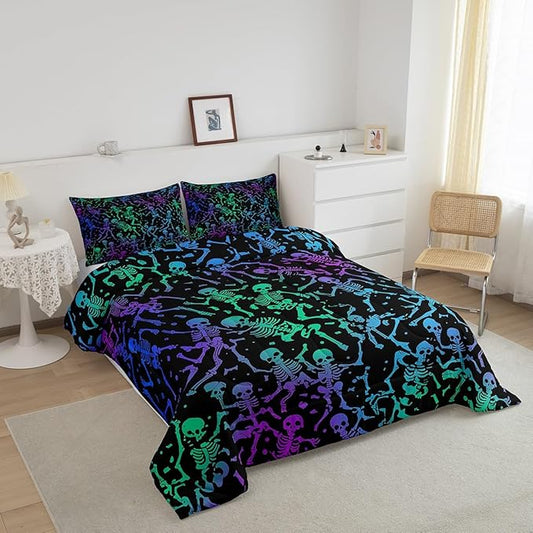 Erosebridal Sugar Skull Comforter Set Halloween Bedding Set King Size Green Blue Purple Ombre Down Comforter for Kids Boys Girls Skeleton Bones Quilted Duvet Warm Soft Horror Theme Bedroom Decor 3Pcs