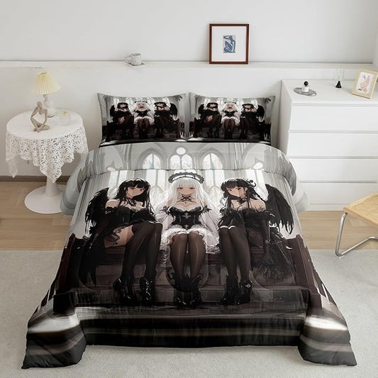 Erosebridal Japanese Anime King Size Bedding Set, Anime Girl Comforter Set Kawaii Japanese Style Duvet Insert Cartoon Japan Animation Quilt for Boys Youth Teens Adult Women Bedroom Decor