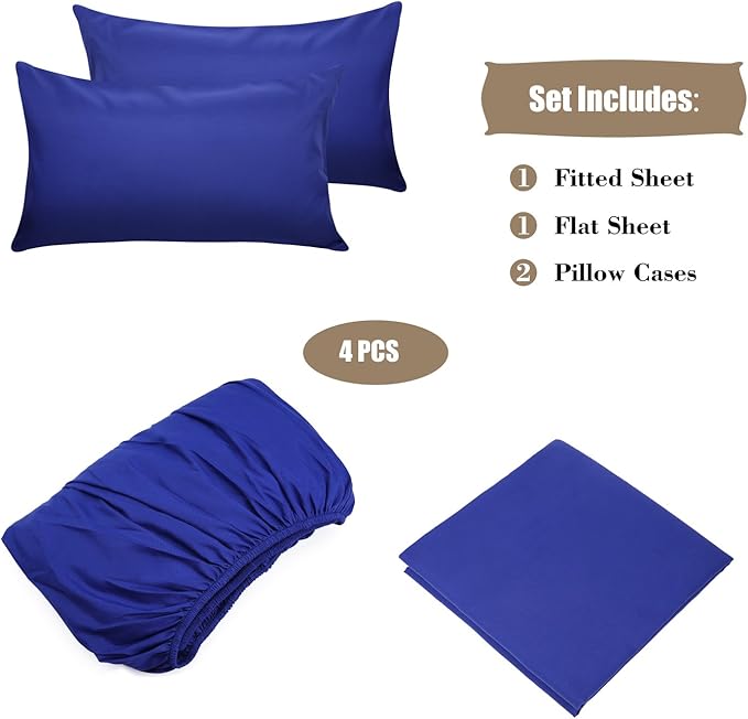 4 Piece Bed Sheet Set (Queen,Royal Blue) 1 Flat Sheet,1 Fitted Sheet and 2 Pillow Cases,Brushed Microfiber Luxury Bedding with Deep Pockets