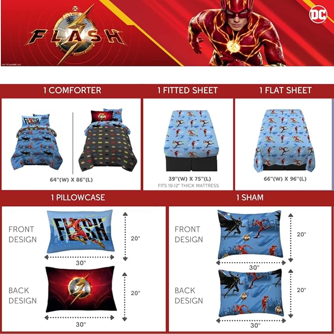 WB The Flash Movie DC Comics Super Soft Comforter and Sheet Set with Sham, 5 Piece Twin Size, (Official Licensed Product) by Franco