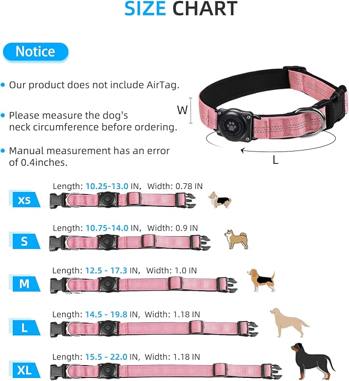 Upgrade Dog Collar with AirTag Holder, IP68 Waterproof, Pink, S