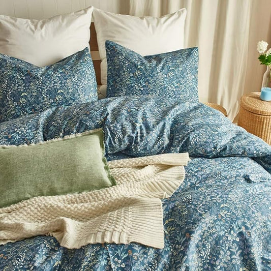 mixinni Blue Floral Duvet Cover King Size Cotton Flowers Pattern King Bedding Set Garden Style Comforter Cover Set with Zipper Closure-Luxury Quality Soft Durable Easy Care (3pcs, King Size)