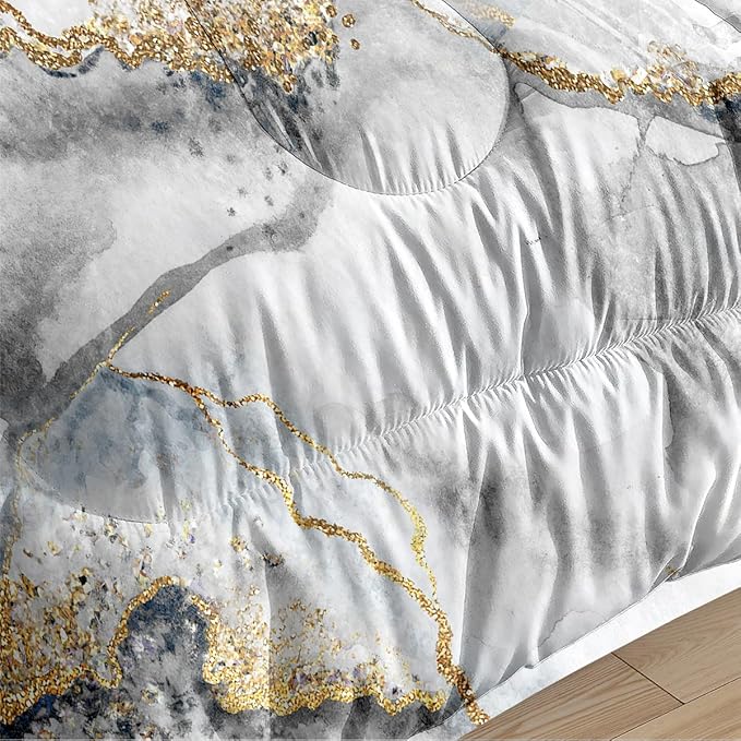 Black Grey Marble Comforter Queen Size, Abstract Modern Bedding Set with Golden River Texture, 3Pcs Soft Microfiber Quilted Comforter for All Seasons, 2 Matching Pillowcases/ 90"x90"