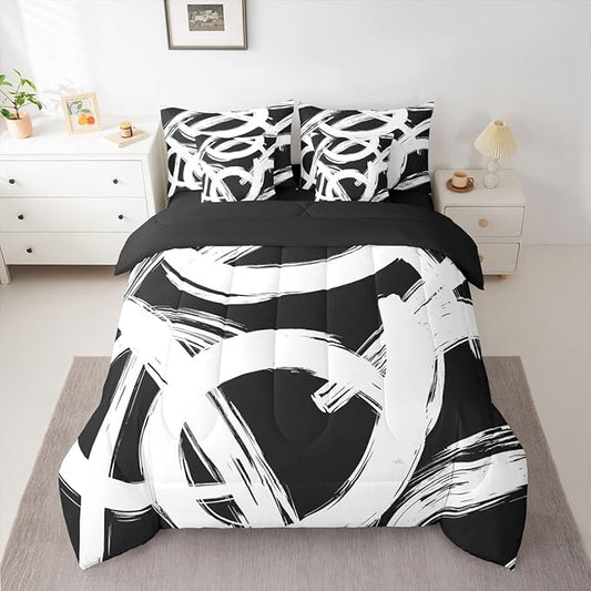 Erosebridal White Black Abstract 7 Piece Comforter Set Full Geometric Simple Sketch Bedding Set Modern Graffiti Minimalist Line Comforter Cool Unique Fashion Sheet Set Contemporary Room Decor