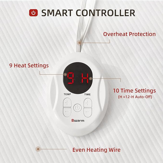 Bwarm Waterproof Heated Mattress Pad, ETL Certified Bed Warmer with 9 Heat Settings, 1-12 Hours Auto Off Deep Pocket, Machine Washable, White Foot Queen