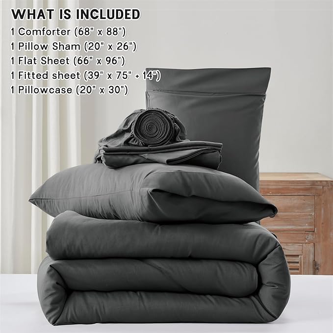 Anluoer Dark Grey Twin Comforter Set 5 Pieces, Bed in a Bag with Sheets, All Season Bedding Sets with 1 Comforter, 1 Pillow Sham, 1 Pillowcase, 1 Flat Sheet, 1 Fitted Sheet