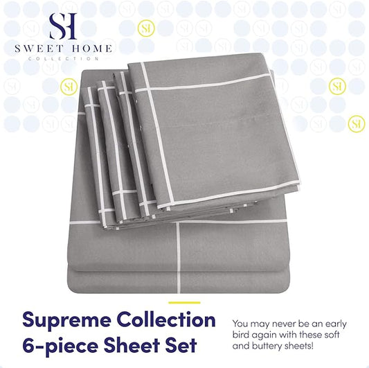 Full Size Bed Sheets - 6 Piece 1500 Supreme Collection Fine Brushed Microfiber Deep Pocket Full Sheet Set Bedding - 2 Extra Pillow Cases, Great Value, Full, Window Pane Gray