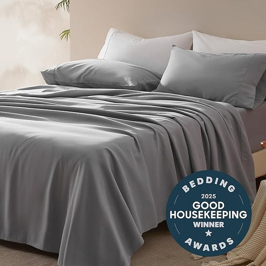 SLEEP ZONE Nanotex Super Soft Cooling Queen Bed Sheets Set 4 Piece - Easy Care Fitted Flat Sheet & Pillowcase Sets - Wrinkle Free, Fade Resistant, Deep Pocket 16" (Gull Gray, Queen)