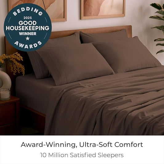 Mellanni Queen Sheet Set - 6-Piece Iconic Collection Bedding, (Including 4 Pillowcases), 21-Inch Extra Deep Pocket, Easy Care, Ultra Soft, Cooling Sheets, Brushed Microfiber - Brown
