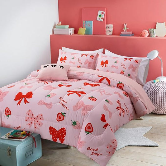 A Nice Night Red Bow Comforter Set,6 Piece Bed in a Bag Matching Sheet Set,Cute Ribbon Bowknot Bedding Sets,Princess Style Strawberry Printed,Light Pink Room Decor for Girls,Queen