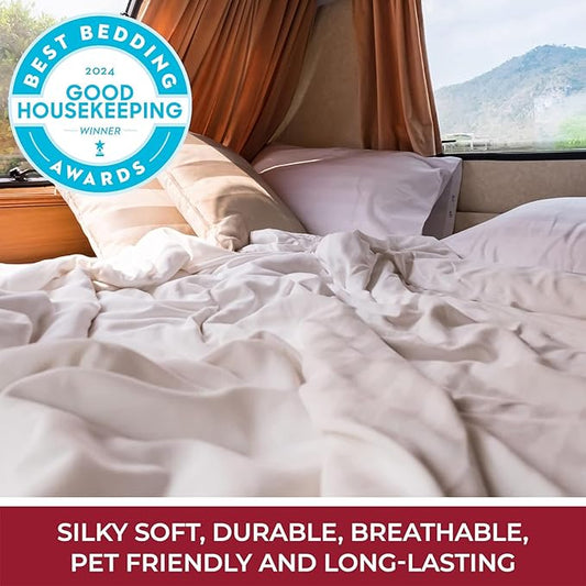 Mellanni RV Short Queen Sheets - 4 PC Iconic Collection Bedding - Hotel Luxury, Extra Soft, Cooling Bed Sheets - Deep Pocket up to 10 inch (RV/Short Queen, Sky Blue)