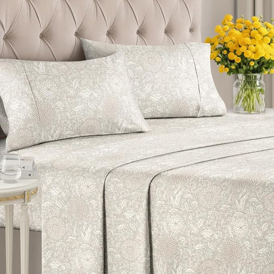 Floral Sheets - Beige Floral Bed Sheet Set - 1 Flat, 1 Fitted & 2 Pillowcases w/ Deep Pockets - Comfy, Wrinkle & Fade Free - Boho Botanical Bedding - Ultra-Soft, Breathable & Cooling - Queen Size