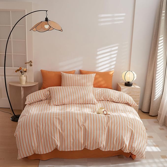 HighBuy Full Size Comforter Set Orange Gingham Boho Striped Bedding Comforter with 2 Pillowcases Boho Art Decor Comforter Fluffy Thick Farmhouse Bedding Set for Women Teens Soft Breathable