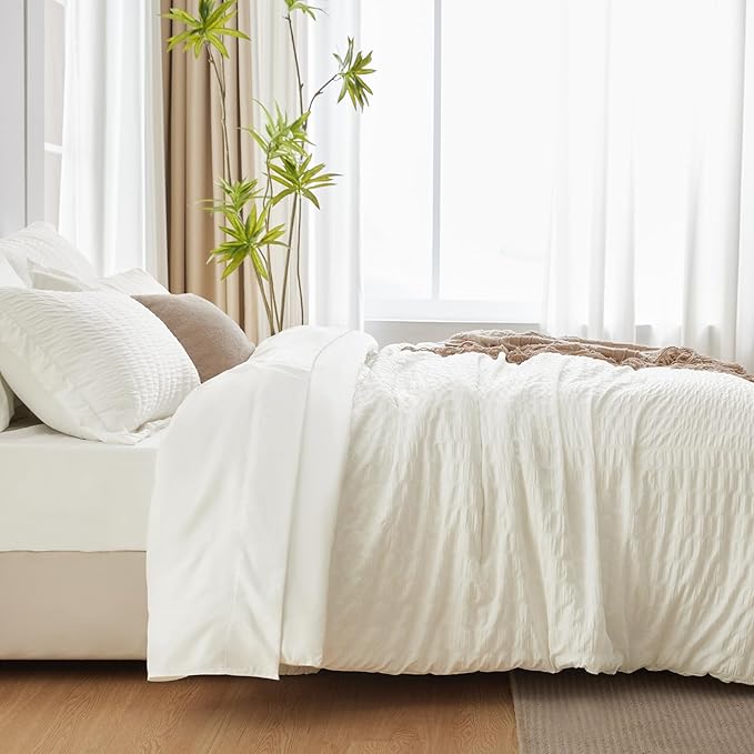 CozyLux Full Size Comforter Sets with Sheets 7 Pieces, Ivory Seersucker Bed in a Bag Textured Luxury Soft Bedding Sets with Down Alternative Comforter, Sheets, Pillowcases & Shams for All Season