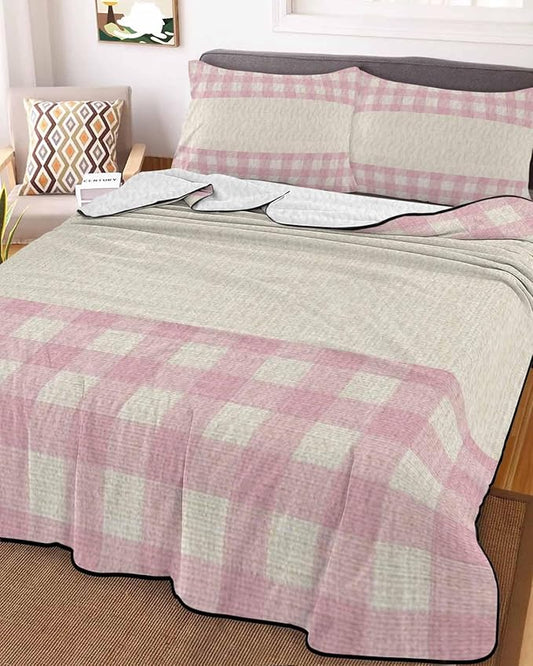 Quilts Twin XL Size, Retro Pink Soft Comforter Bedding Set for Bed, Farmhouse Buffalo Plaid Vintage Beige Lightweight Quilted Bedspread with Pillow Cover(2 Pieces) for All Season, 68x98 Inch