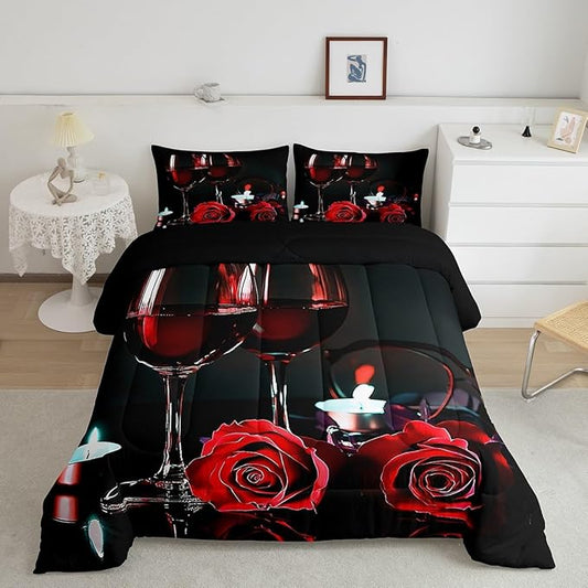 Erosebridal Rose Wine Glass Bedding Set for Girls Women 3D Red Rose Comforter Set Full Size French Eiffel Tower Bedding Floral Blossom Romantic Valentine's Day Quilt Set, Grey Black Quilted Comforter