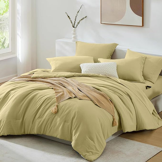 WRENSONGE King Comforter Set, 7 Pieces Hemp Soft Bed in a Bag King with Fitted Sheet, Flat Sheet, 2 Pillow Shams, and 2 Pillowcases- Warm Bedding Set for All Season