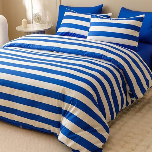 CLOTHKNOW Striped Full Size Comforter Set 3Pcs Blue White Bedding Comforter Sets Farmhouse Bedding Soft Comforter with 2 x Pillow Cases