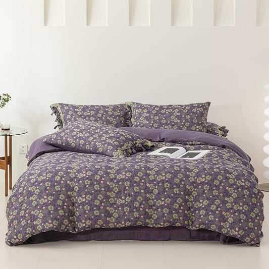 VM VOUGEMARKET Rustic Floral Jacquard Duvet Cover Queen Double Layer Gauze Cotton Purple Green Flower Duvet Cover with 2 Bowknot Pillowcases for a Comfortable Home Sleep