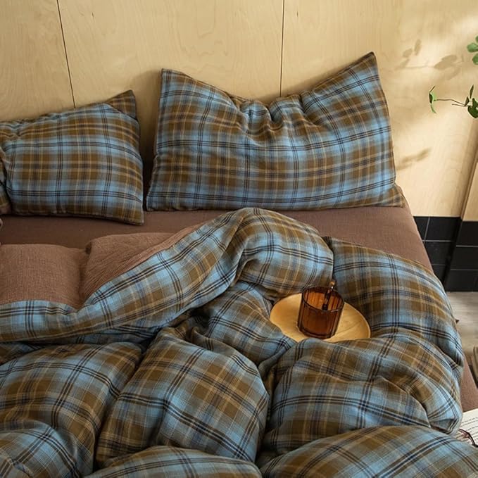 Vintage Blue&Brown Plaid Duvet Cover Full 100% Cotton Muslin Plaid Checkered Grid Bedding Set Breathable Soft Comfy Linen Like Gauze Comforter Cover Farmhouse Gingham Duvet Cover with Zipper Closure