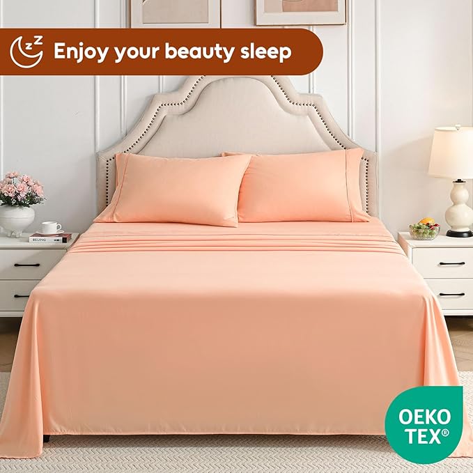 Full Size Bed Sheets Set, 4 Pieces Hotel Luxury Soft Microfiber Bed Sheets Set, Up to 16" Deep Pockets, Oeko-Tex Sheets with Elastic, Breathable, Wrinkle Free (Peach Pink Flower, Full)