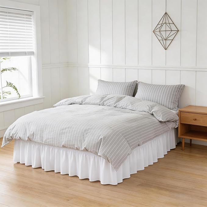 RIMELA White Bed Skirt Queen Size 12 Inch Drop, Wrap Around Elastic Adjustable Bedskirt, Bed skirting Dust Ruffle for Bed Frame & Box Spring Soft Durable Fabric Machine Washable Easy to Install