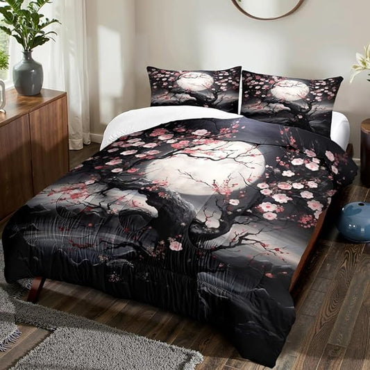 Japanese Style Cherry Blossom Comforter Set King Pink Cherry Blossoms Bedding Black Floral Bedding Set 3Pcs Oriental Comforter Asian Art Decorative Bedding Comforter Set for All Season